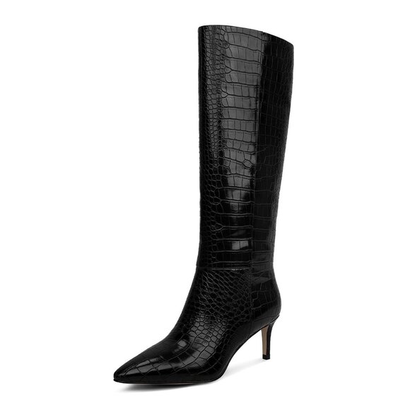 Wetkiss Shoes - Black knee-high faux crocodile boots